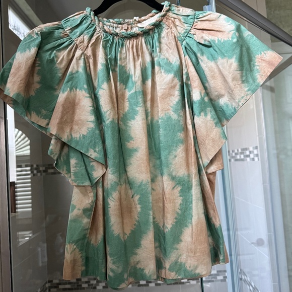 ULLA JOHNSON Kaya Top Flutter Sleeve Calcite Green Tan Cotton Poplin-size 4-NWT - Picture 1 of 7